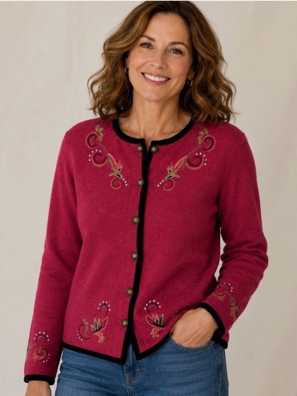Icelandic Design Boiled Wool Embroidered Cardigan Knit SZ S Pink Red